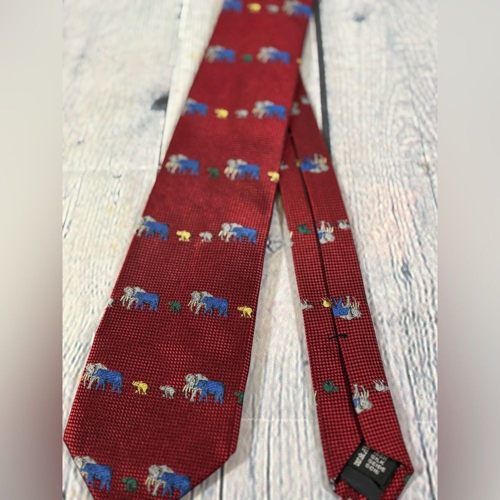 Ben Silver Maroon Red with Blue Yellow Marching Elephants Classic Silk Tie